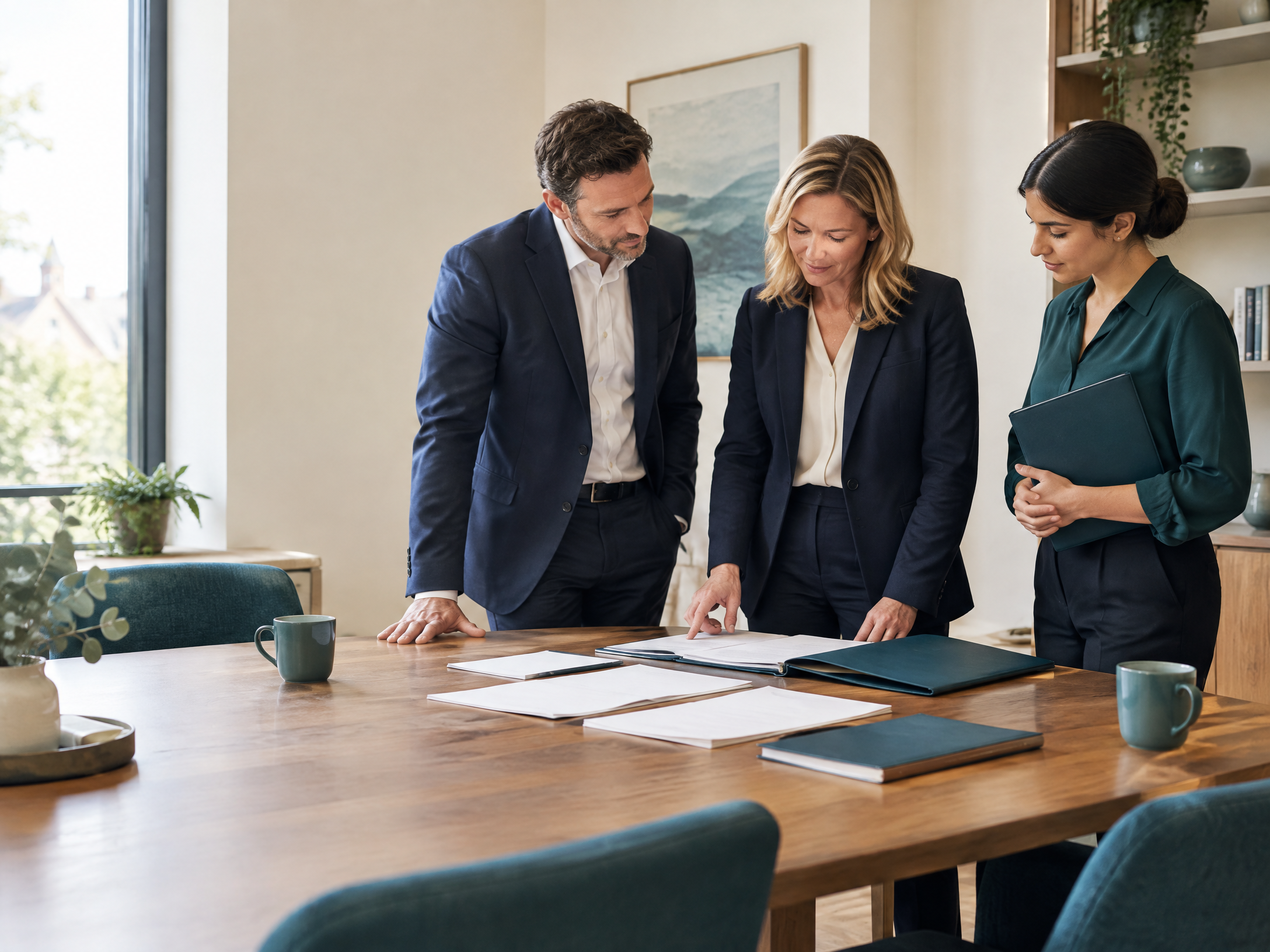 Financial-advice practice team reviewing service implementation materials
