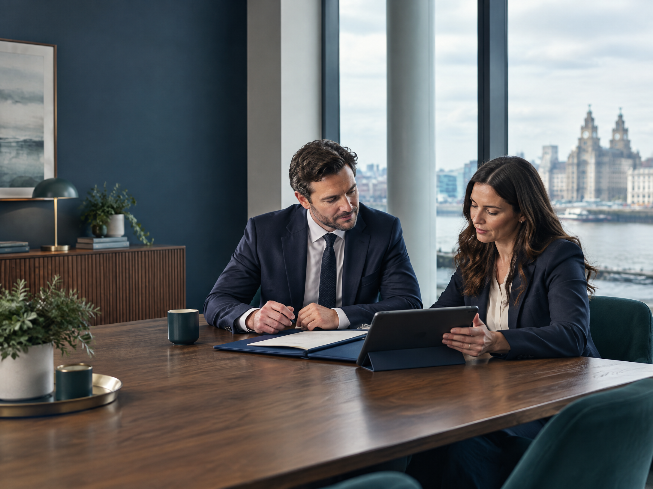 Financial-advice professionals reviewing an organised client service folder